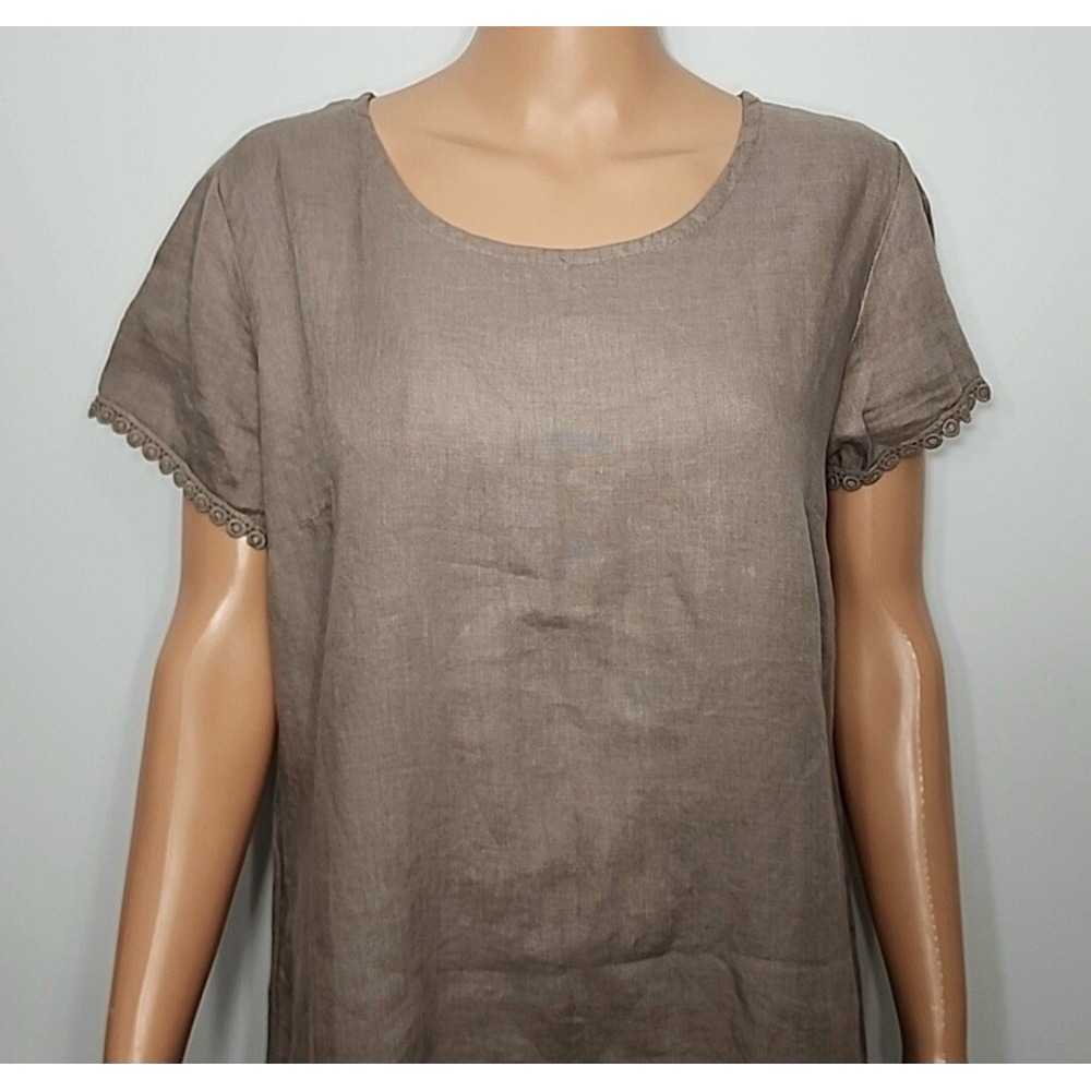 Bellambia Womens Size L 100% Linen Shift Dress Taupe Brown Crochet Eyelet Italy - Picture 3 of 10